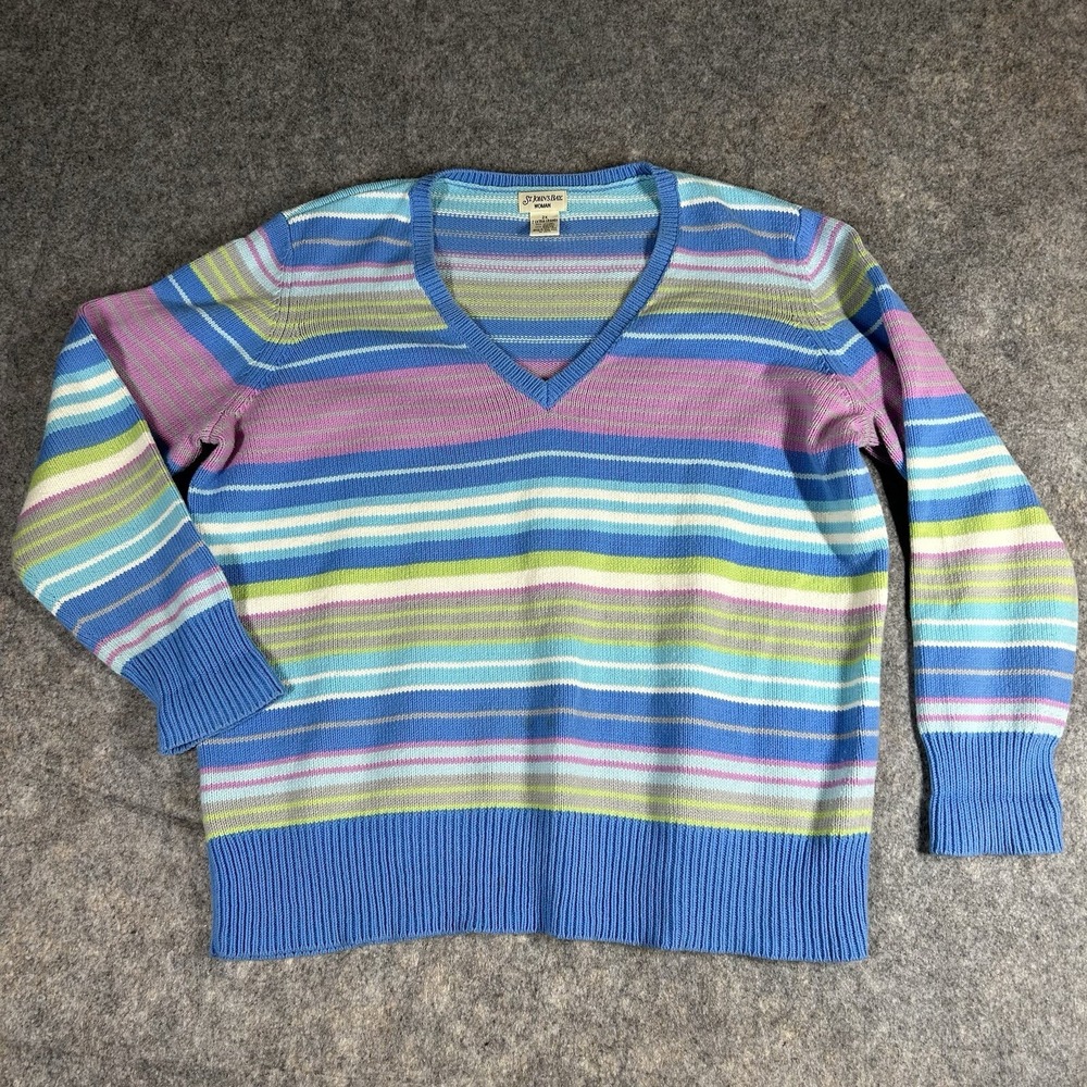 Vintage St John's Bay Sweater Women's 2X Y2K Cotton Multicolor Striped V Neck